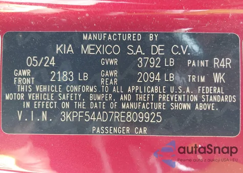 2024 Kia Forte Gt-Line z USA, uszkodzony, nr VIN 3KPF54AD7RE809925